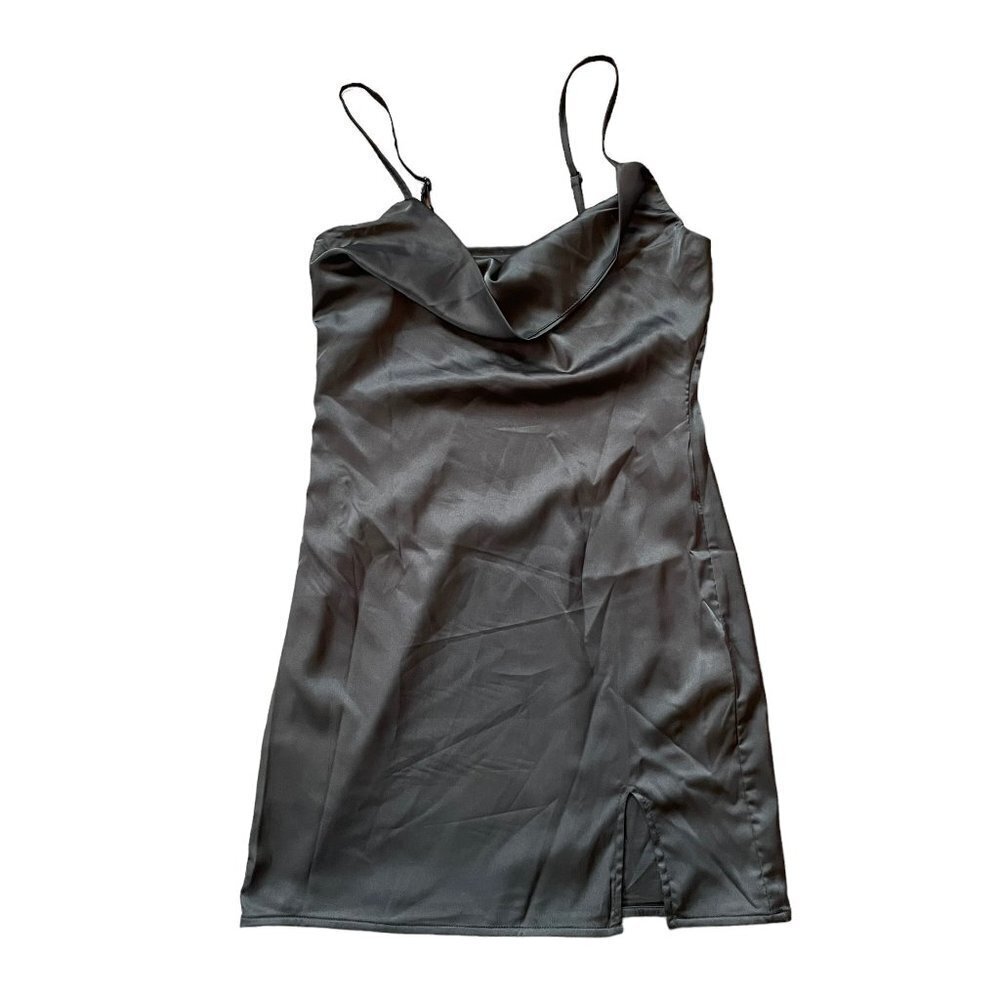 Shein Dress Womens Extra Small XS 2 Black Satin Stretch Spaghetti Strap Cowl